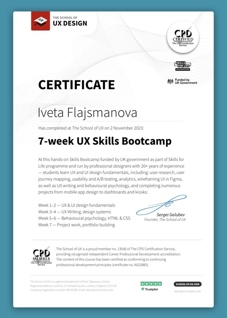 UX Design Bootcamp certificate